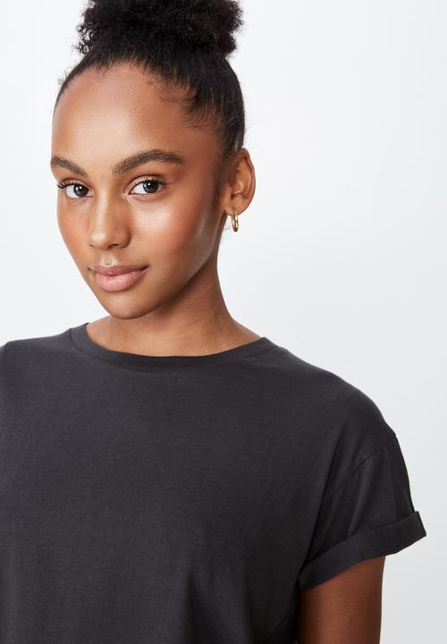 Factorie - Curved hem short sleeve top - pirate black
