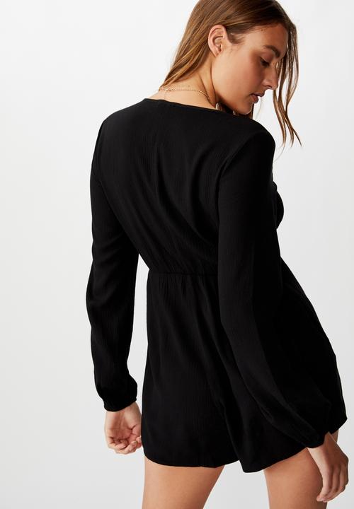 Cotton On - Woven Alena tie front long sleeve playsuit - black