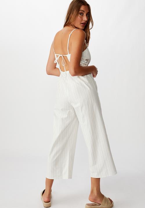 Cotton On - Woven Amanda pinafore jumpsuit leigh stripe - white & brown 