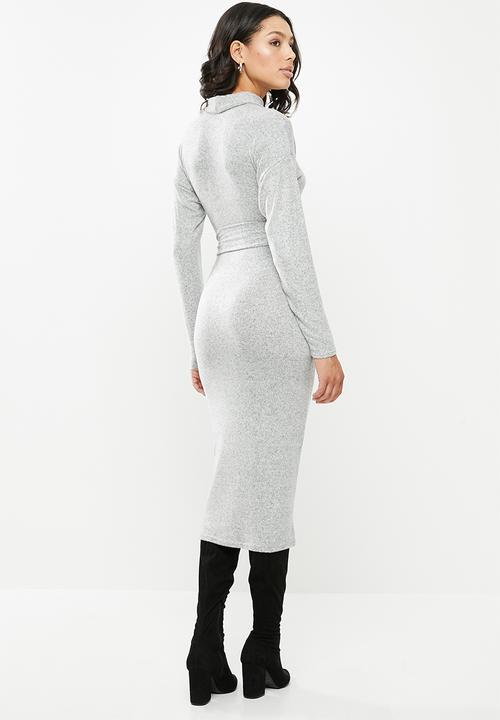 Missguided - Brushed knit high neck belted midi dress - grey