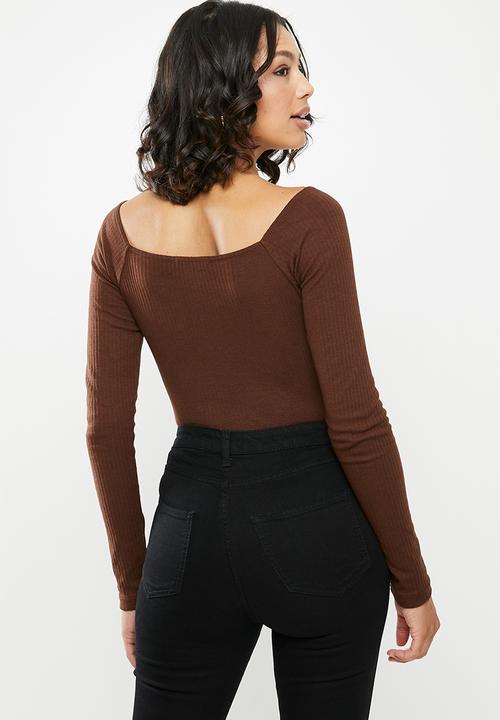 Missguided - Square neck rib long sleeve bodysuit - brown
