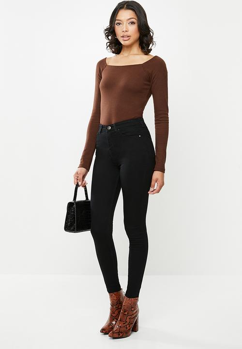 Missguided - Square neck rib long sleeve bodysuit - brown