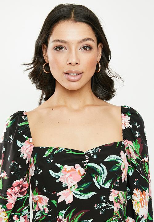 Missguided - Milkmaid ruched puff sleeve dress floral - black