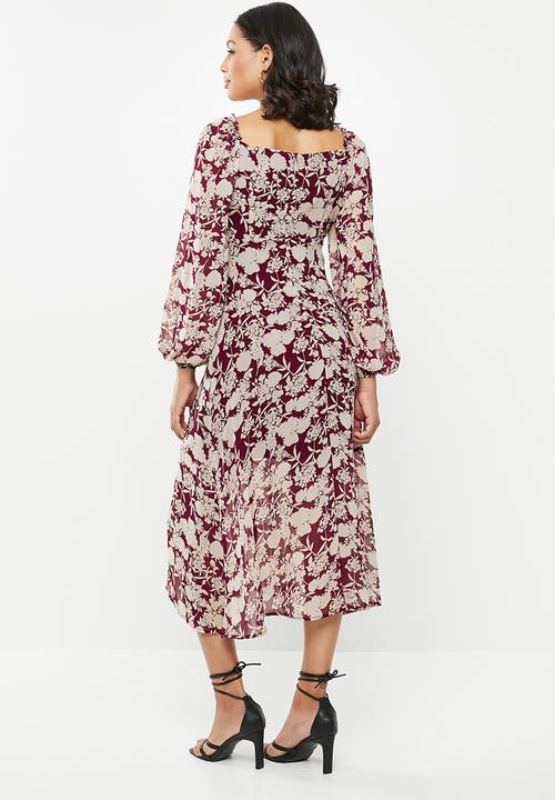 Missguided - Floral milkmaid midi dress - burgundy