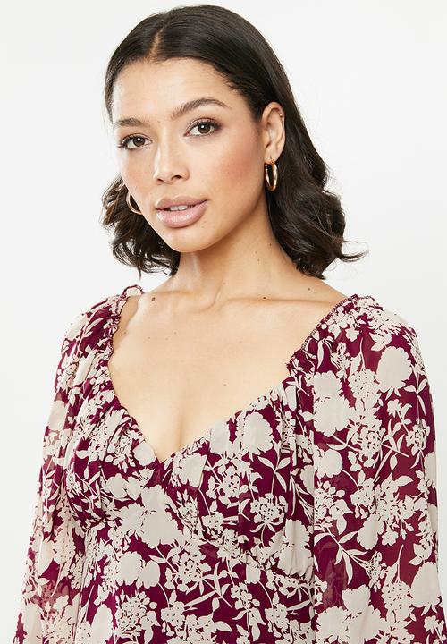 Missguided - Floral milkmaid midi dress - burgundy