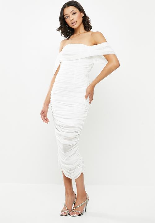 Missguided - Ruched bardot midi dress - white