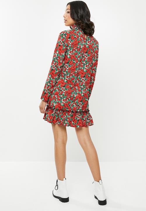 Missguided - High neck drop waist smock dress floral - red