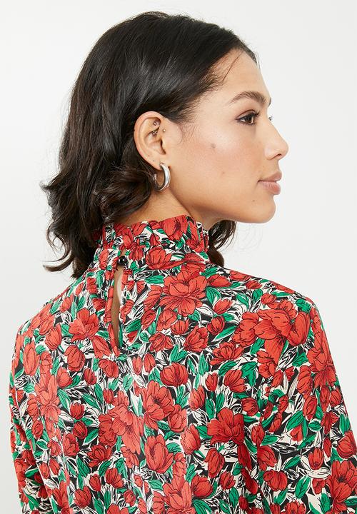 Missguided - High neck drop waist smock dress floral - red