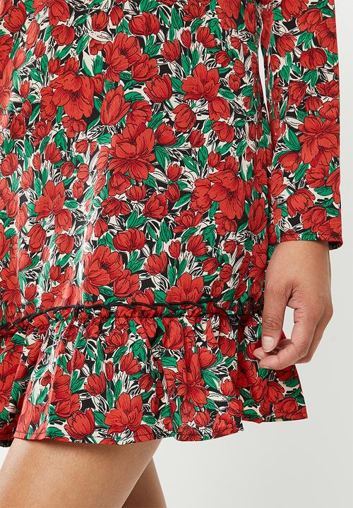Missguided - High neck drop waist smock dress floral - red