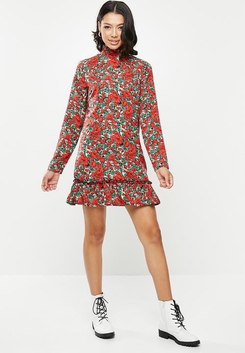 Missguided - High neck drop waist smock dress floral - red
