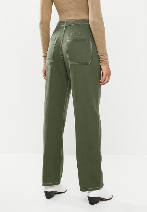 Missguided - Cropped wide leg contrast stitch corduroy - khaki