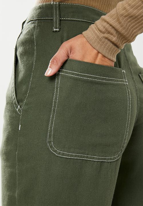 Missguided - Cropped wide leg contrast stitch corduroy - khaki