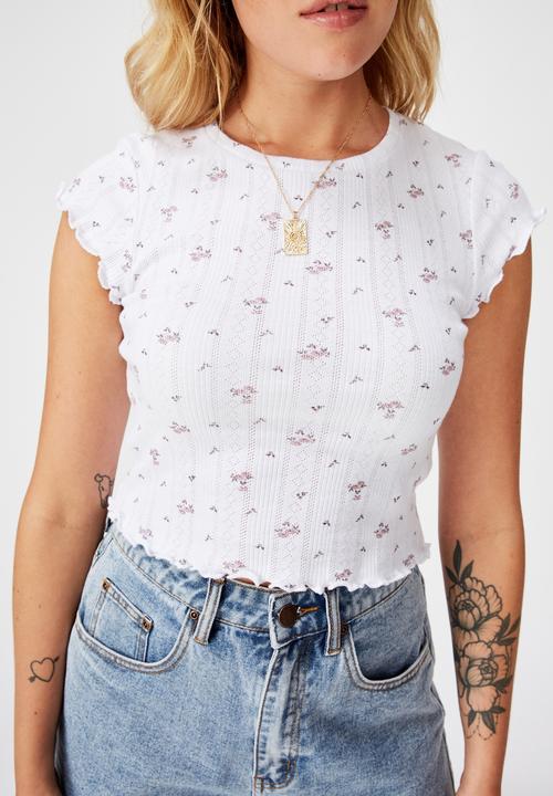 Factorie - Short sleeve pointelle top Hannah ditsy - pink & white