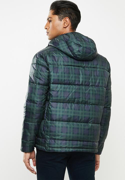 Only & Sons - Rick check hooded puffer - green & navy 