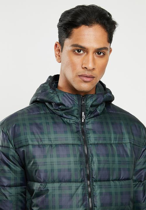 Only & Sons - Rick check hooded puffer - green & navy 