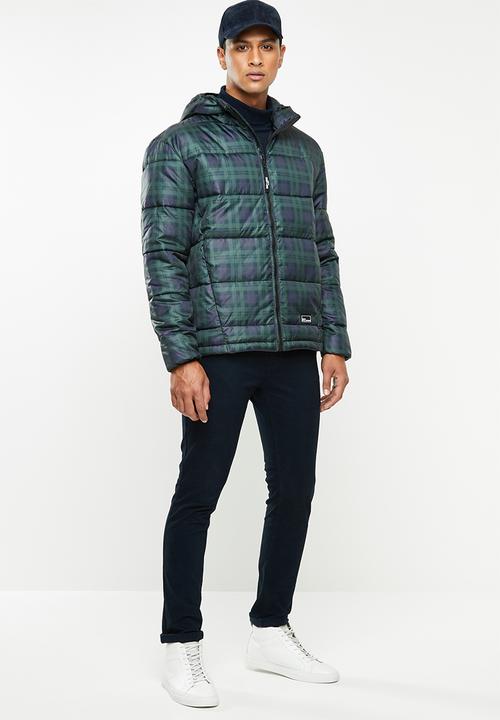 Only & Sons - Rick check hooded puffer - green & navy 