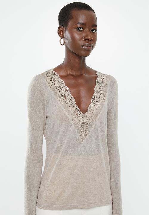 MANGO - Long sleeve lace detail top - pale grey