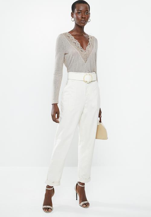 MANGO - Long sleeve lace detail top - pale grey