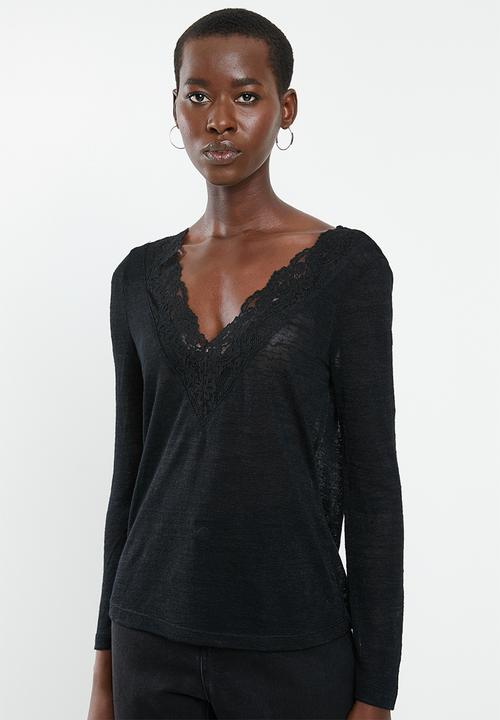 MANGO - Long sleeve lace detail top - black