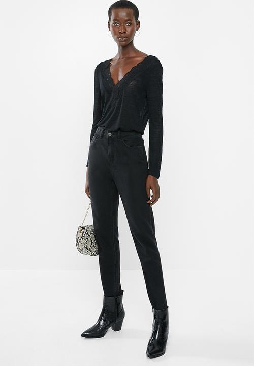 MANGO - Long sleeve lace detail top - black