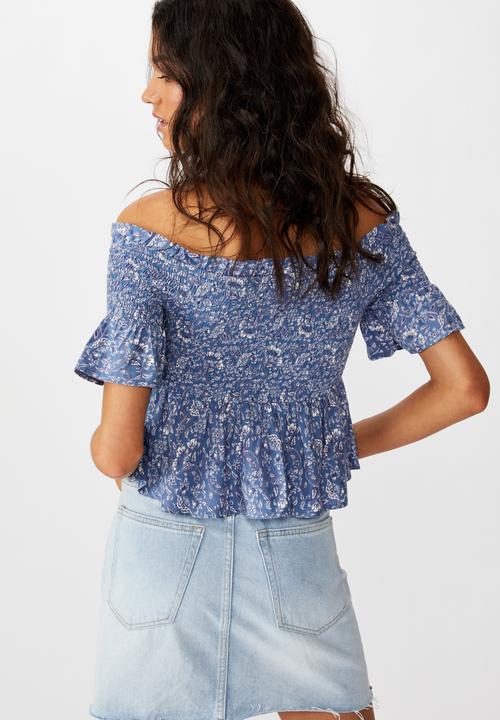 Cotton On - Daisy off the shoulder shirred peplum top - blue 