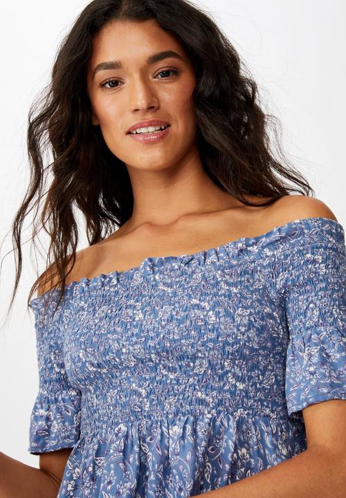 Cotton On - Daisy off the shoulder shirred peplum top - blue 