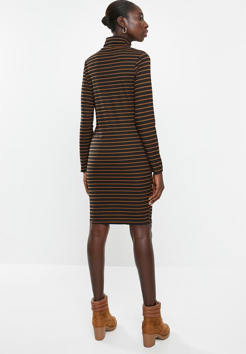 Brave Soul - Midi roll neck rib dress - black & brown