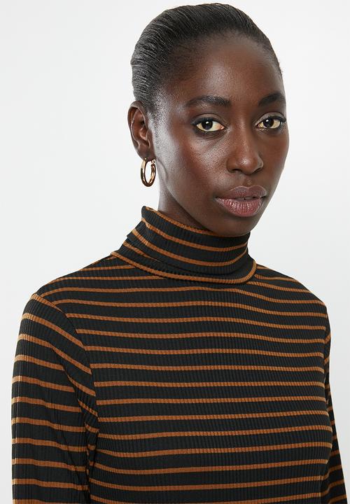 Brave Soul - Midi roll neck rib dress - black & brown