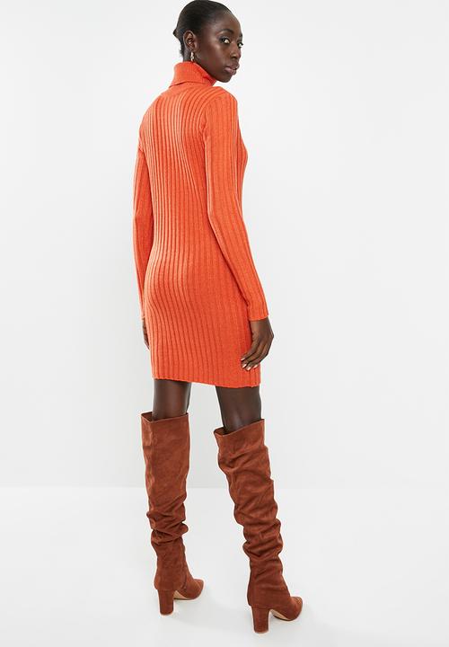 Brave Soul - Roll neck ribbed tunic dress - orange