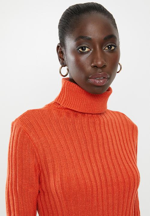 Brave Soul - Roll neck ribbed tunic dress - orange