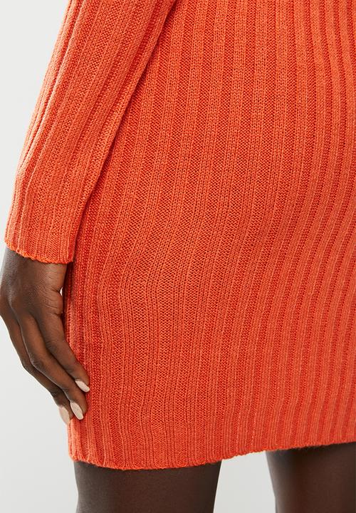 Brave Soul - Roll neck ribbed tunic dress - orange