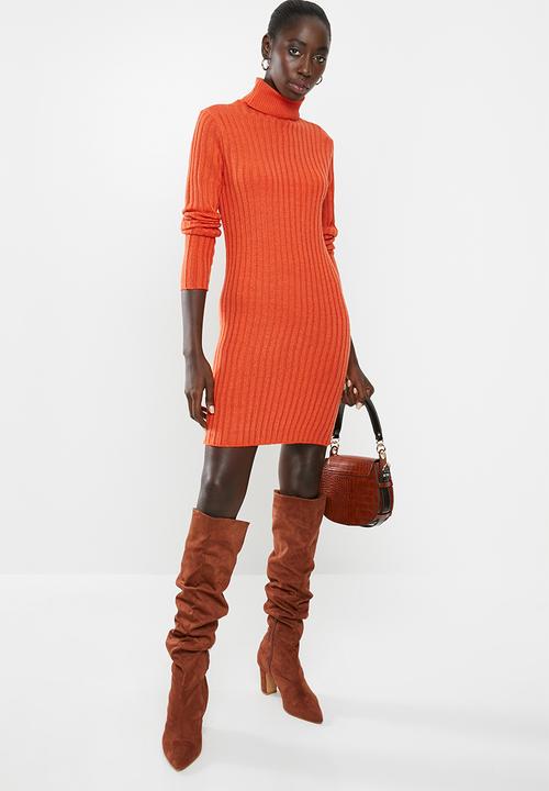 Brave Soul - Roll neck ribbed tunic dress - orange