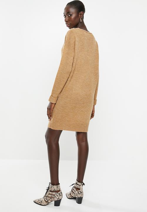 Brave Soul - V-neck front pockets knit dress - brown