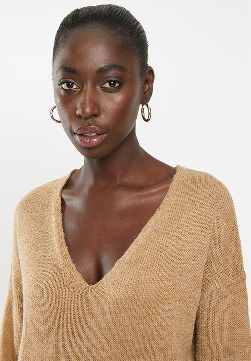 Brave Soul - V-neck front pockets knit dress - brown