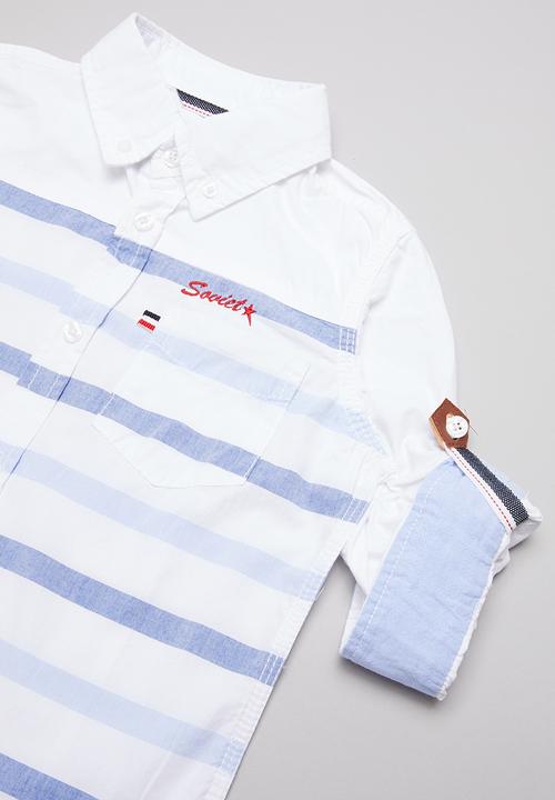 SOVIET - Salerno long sleeve roll stripe shirt - white & blue 