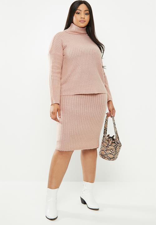 Brave Soul - Roll neck & midi skirt set - pink