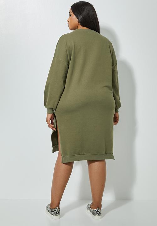 Superbalist - Drop shoulder crewneck sweat dress - khaki