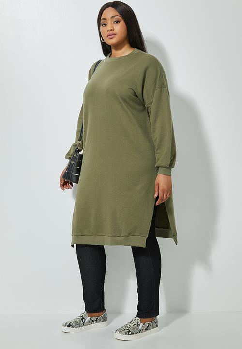 Superbalist - Drop shoulder crewneck sweat dress - khaki