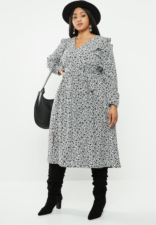 Glamorous - Plus mono ditsy dress - black & white