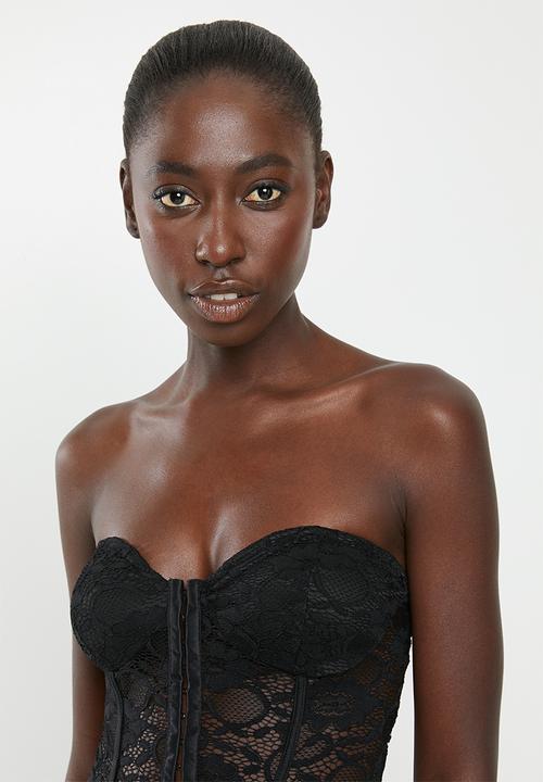 Missguided - Lace hook and eye corset bandeau bodysuit - black