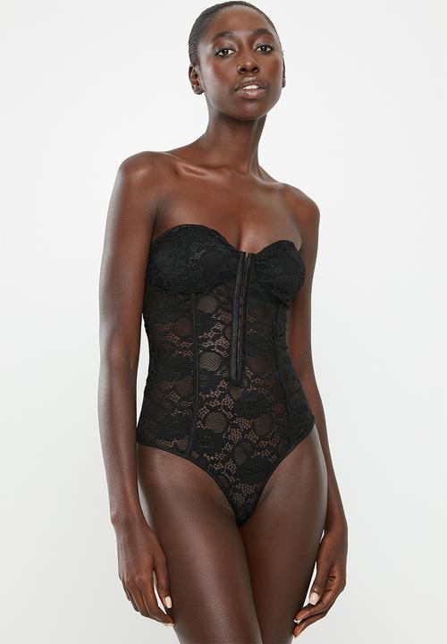 Missguided - Lace hook and eye corset bandeau bodysuit - black