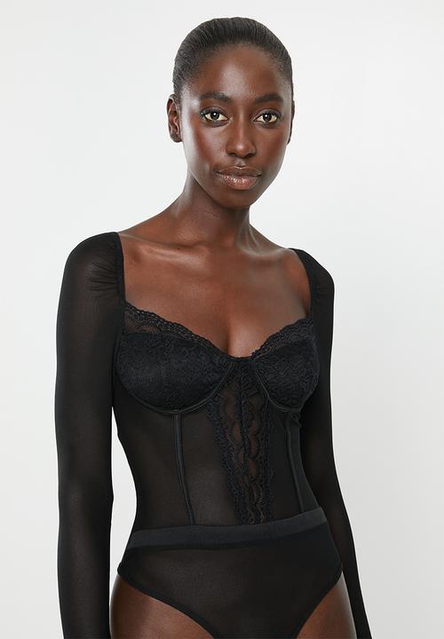 Missguided - Mesh lace corset detail long sleeve bodysuit - black