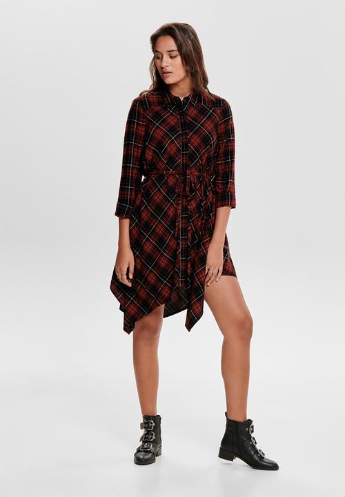 ONLY - Bexliv check denim shirt dress - red & black 