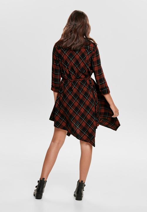 ONLY - Bexliv check denim shirt dress - red & black 