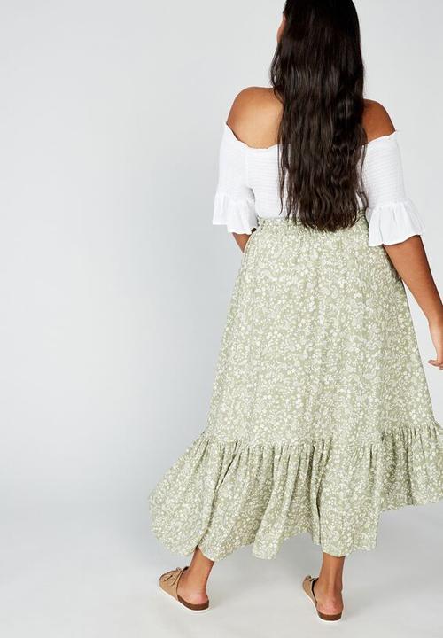 Cotton On - Curve gypsy tiered maxi skirt blair floral paisley - khaki & white 