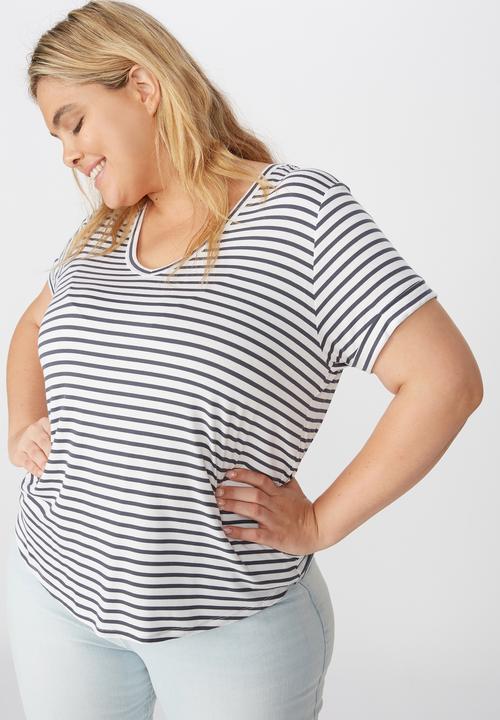 Cotton On - Curve Karly short sleeve tee essie stripe - white & charcoal 