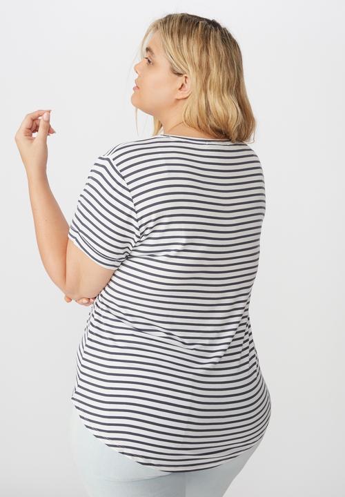 Cotton On - Curve Karly short sleeve tee essie stripe - white & charcoal 