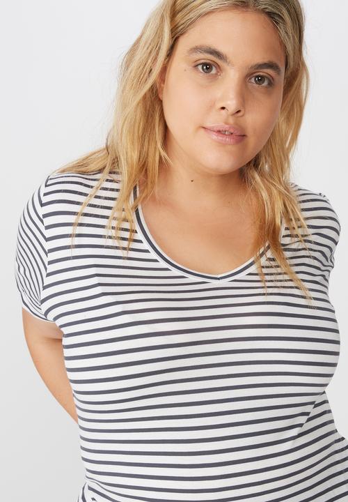 Cotton On - Curve Karly short sleeve tee essie stripe - white & charcoal 