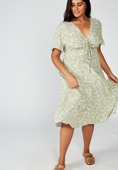 Cotton On - Curve woven Marissa gathered front midi dress - khaki & white