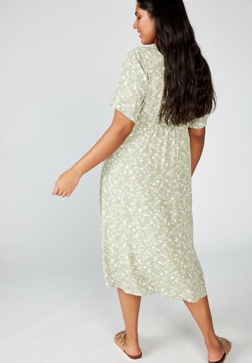 Cotton On - Curve woven Marissa gathered front midi dress - khaki & white